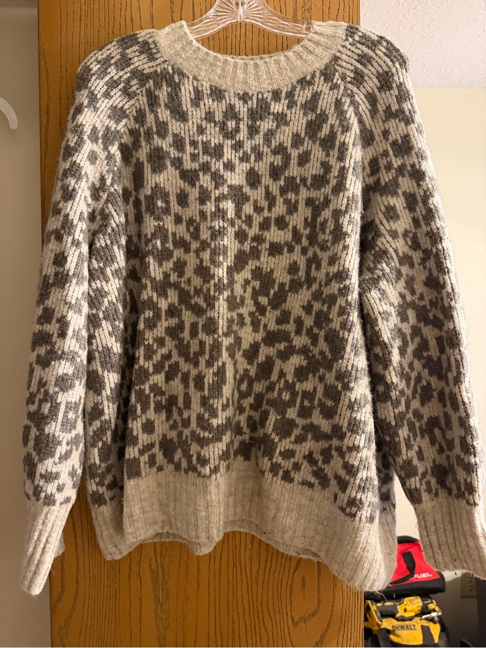 Old Navy Cream and Gray Leopard-Pattern Crewneck Sweater